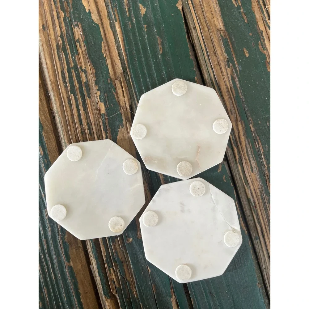 White Marble Hexagon Coasters Set of 3 Natural Stone Drink Coasters with Feet
